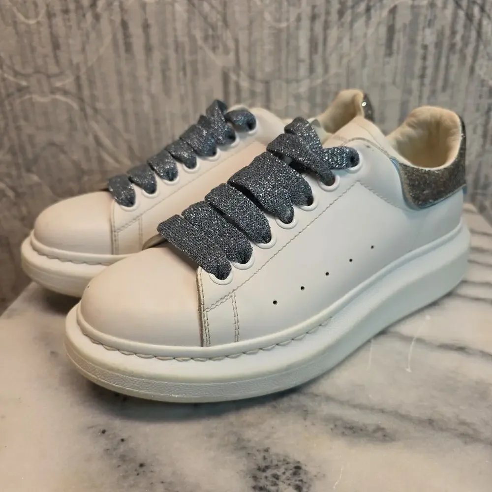 Alexander Mcqueen White Leather Sneaker Blue Galaxy Glitter Larry Women's Sz 7